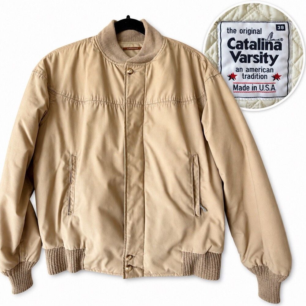 Vintage Catalina Varsity Jacket Mens 38 Tan Bomber Made USA Talon Zip Quilted